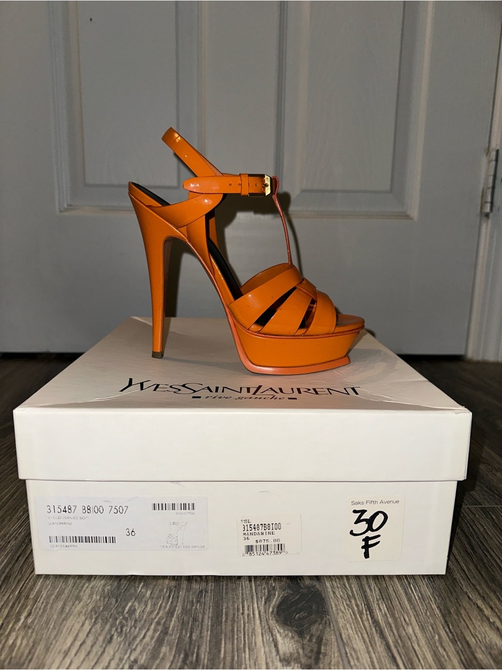 Yves Saint Laurent Vitello Vernice Soft Mandarine Patent Platform Sandals